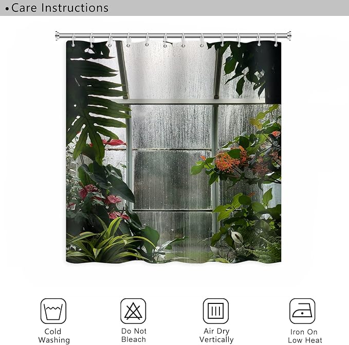 Greenhouse Flower Room Shower Curtains Spring Glass Flowers Green Plants Interior Garden Scenic Machine Washable Fabric Bathroom Curtains Set with Hooks, 72.00" x 48.00"
