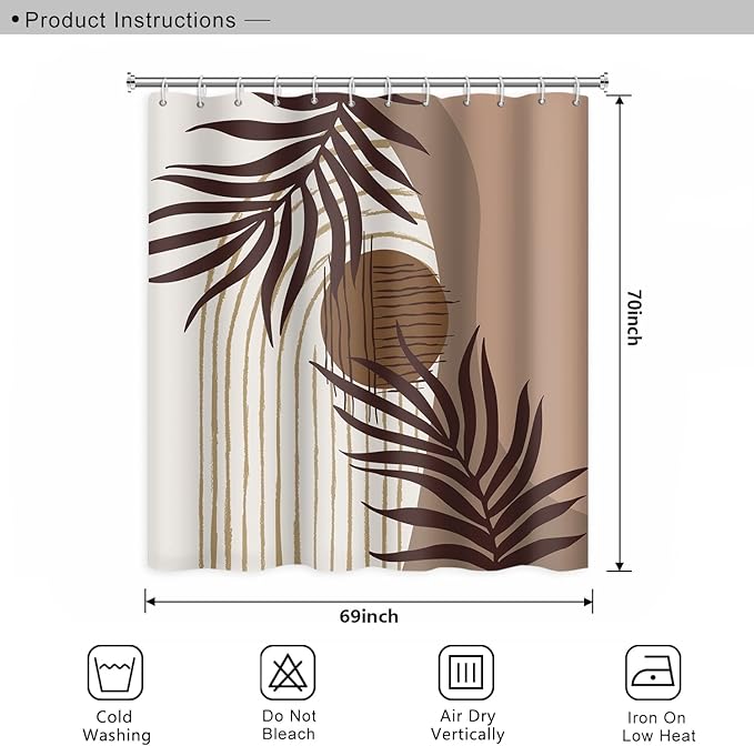 Abstract Mid Century Boho Bathroom Shower Curtain Eucalyptus Leaves Brown and Beige Sun Shower with Hooks Waterproof Fabric Polyester, 69x70 Inch
