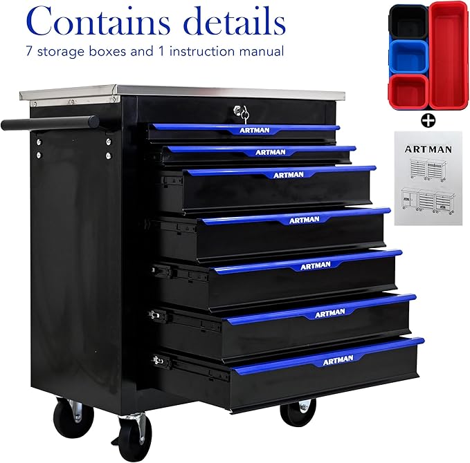 7 Drawers Rolling Tool Chest Cart PLUS ,Tool Storage Cabinet With 4 Wheels.Tool Cabinet Trolley With Locking System and Stainless Steel Countertops.Tool Storage Cart for Garage,Workshop,Warehouse