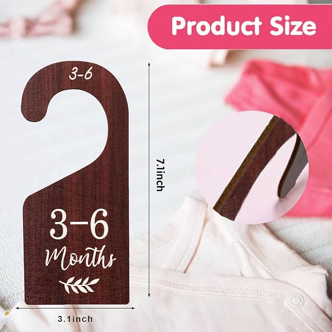 Baby Closet Dividers, Hanging Wooden Double-Sided Nursery Decor Closet Dividers for Baby Clothes, Baby Clothes Dividers for Newborn to 24 Months Size Clothes (Brown, 8pcs)