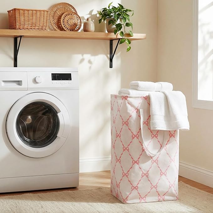 Leinuosen 2 Pcs Bow Pink Laundry Basket Pink Laundry Hamper Large Collapsible Bow Storage Baskets Cute Nursery Clothes Waterproof Hamper Room Organization for Bedroom Decor(Grid)