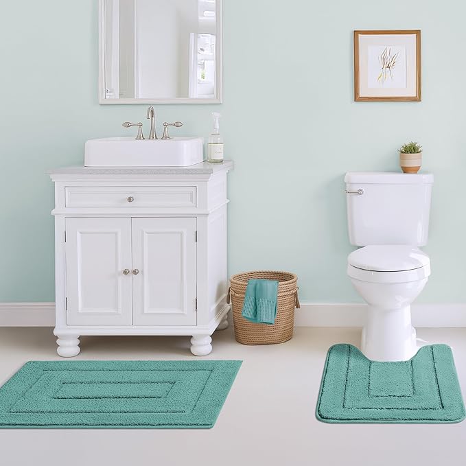 GRANNY SAYS Bathroom Rugs Sets 3 Piece, Soft Absorbent Microfiber Bath Mats for Bathroom Non Slip Washable, U-Shaped Toilet Bath Rugs for Tub Shower (Teal, 16" x 24" + 20" x 32" + U Shaped 20" x 24")