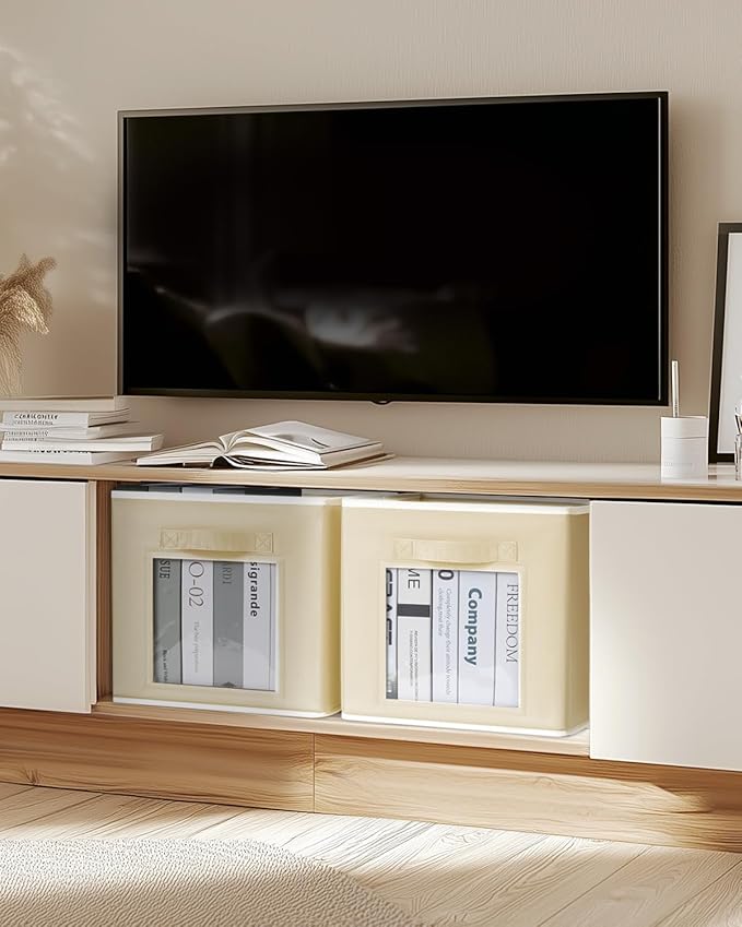 Foldable Storage Cubes - Square Organizer with Window, Decorative Baskets for Organizing, Fabric shelf Basket for Clothes, 11 Inch Closet Storage Cubes, Set of 16, Beige