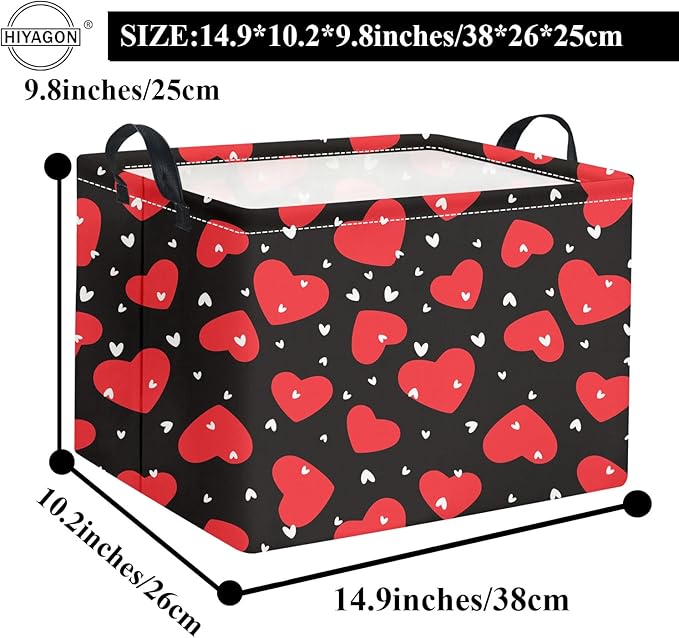HIYAGON Rectangular Valentines Basket Fabric Storage Bin Storage Boxes Collapsible Storage Basket for Clothes Books Shelves Basket(Black Red Heart)