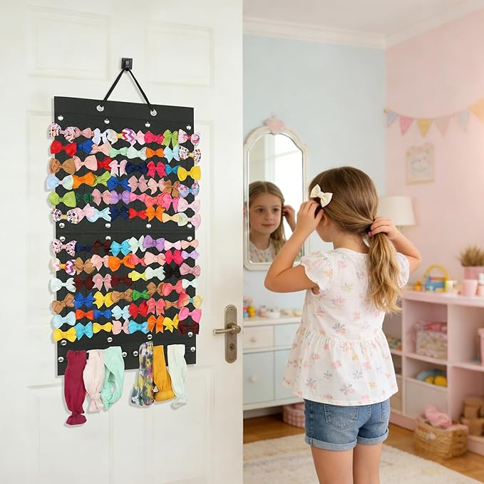 PACMAXI Baby Girl Hair Bows Holder, Hair Clips Storage Hanger For Ribbons, Hair Bows Organizer, Baby Hair Clip Storage Display Sturdy Stand, Wall Hanging for Girl Room (Black 2, Small)