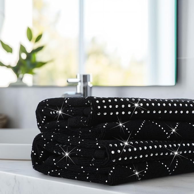 2 Pcs Black Sparkling Hand Towels with Full Rhinestones for Bathroom 100% Cotton Glitter Soft Elegant Hand Bath Towels Absorbent Machine Washable for Spa Yoga Hotel Sport, 29.5" x 13.8"