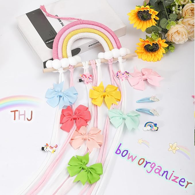 THJ Bow Holder Hanging Hair Bow Organizer Hair Clips Storage for Girls Hair Bows,Boho Rainbow Wall Hair Clips Headband Storage Hanger for Baby Toddler Girls Room Colorfull