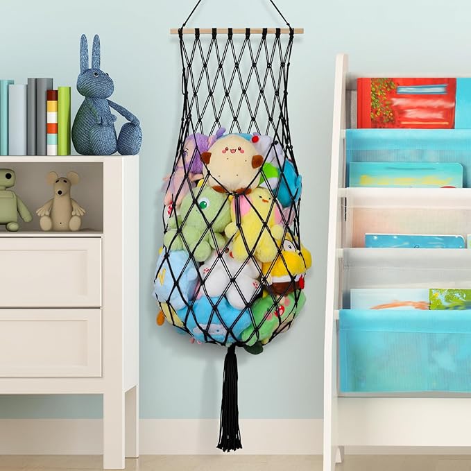 Stuffed Animal Storage Net, 68 Inch Jumbo Macrame Vertical Stuffed Animals Hammock Corner, Wall Ceiling Hanging Stuffy Hammock Plushie Holder Display for Kid Boy Girl Gift Boho Nursery Decor (Black)