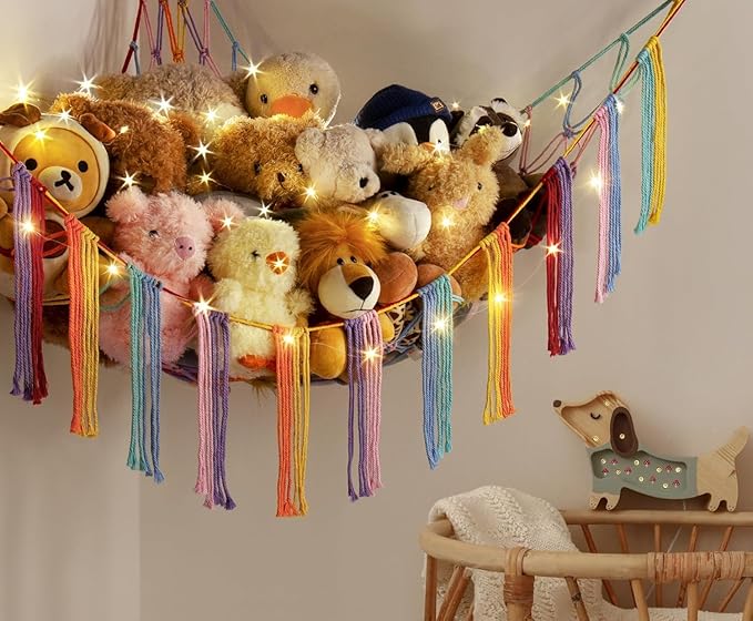 Stuffed Animal Storage Hammock Corner X-Large with LED Light - Baby Hammock Hanging Holder Plushies Net for Stuff Animals Organizer - Cute Room Decor Aesthetic Kids Toddler Nursery Bedroom