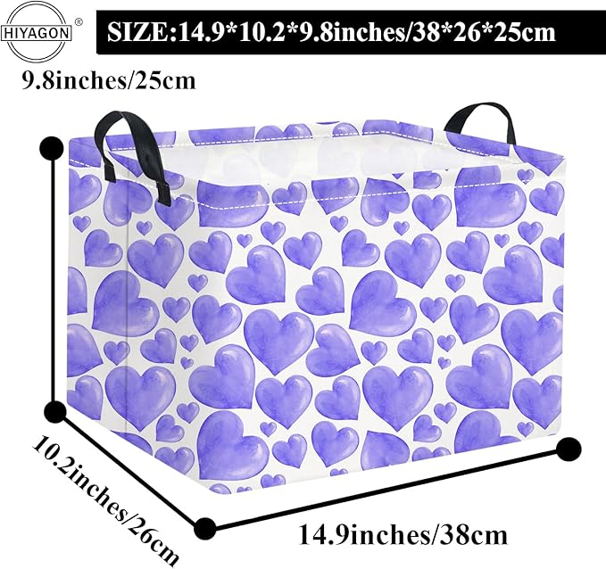 HIYAGON Rectangular Valentines Basket Fabric Storage Bin Storage Boxes Collapsible Storage Basket for Clothes Books Shelves Basket(Purple Heart)