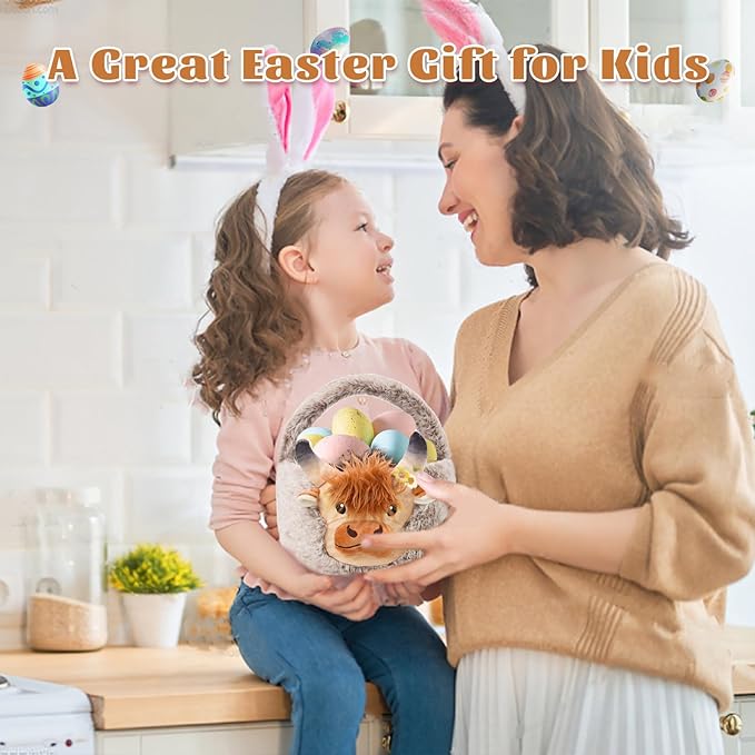 Easter Basket, Soft Highland Cow Plush Baskets, Easter Egg Hunt Buckets, Easter Decorations Indoor Outdoor, Cute Easter Gifts for Kids, Adults, Teens, Toddlers, Girls