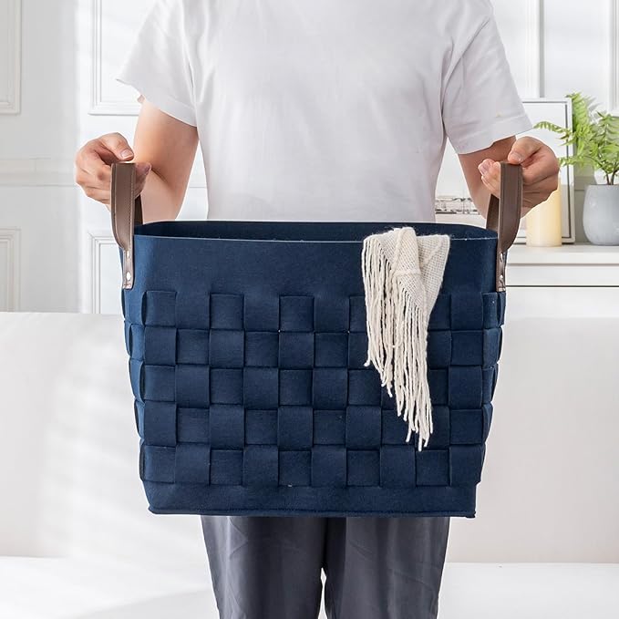 BOLDMONKEY Blankets Baskets 15" x13 " x11 " 2 Pack, Large Rectangular Toys Baskets with Leather Handle, Soft Baby Nursery Basket for Storage-Navy Blue