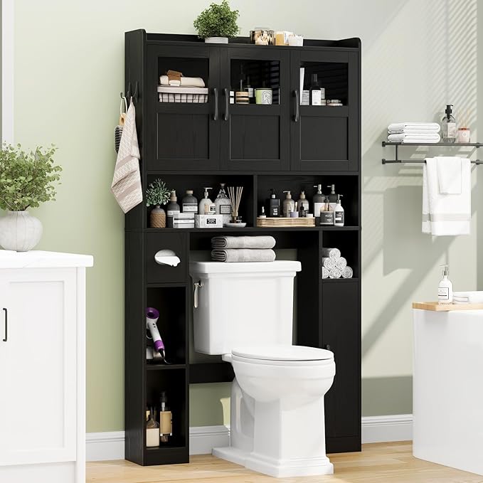 Over The Toilet Cabinet,Farmhouse Toilet Cabinet Rack with 3 Acrylic Doors and Adjustable Storage Shelf,Space Saving Bathroom Organizer with Toilet Paper Holder Stand for Restroom, Laundry,Black