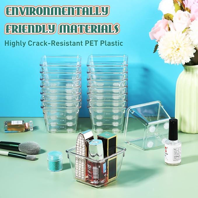 Tioncy 16 Pcs Stackable Clear Drawer Organizer Set 3" x 3" x 2" Small Makeup Vanity Storage Bins Office Desk Drawer Dividers Container Organization for Makeup Vanity Office Bathroom Kitchen Utensil