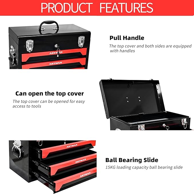 20" Portable 3 Drawer Steel Toolbox, 4 Layers of Tools with Metal Latches, with Top Storage Tray and Carrying Handle, Multi-Function Tool Storage for Garage, Home,or Workbench