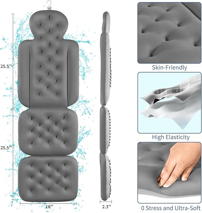 Bath Cushion, Full Body Bathtub Pillow with 160 Suction Cups, Bath Mat for Head and Neck Support, with Laundry Bag (Dark Gray, 51" x 16")
