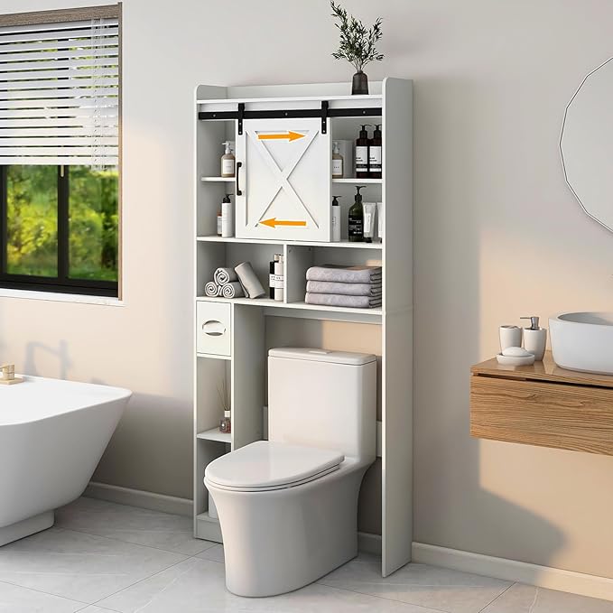 Vabches Over The Toilet Storage Cabinet, Farmhouse Storage Cabinet Over Toilet with Sliding Barn Door & Toilet Paper Holder Stand,Home Space-Saving Toilet Rack, for Bathroom, Restroom, Laundry