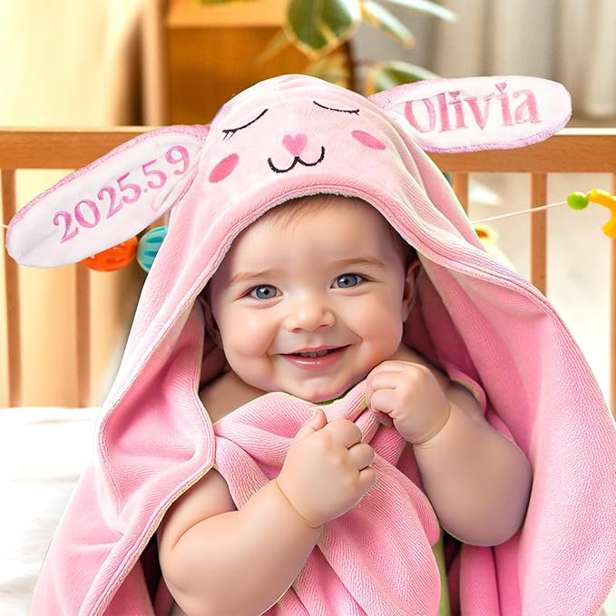 Baosity Custom Hooded Baby Towel with Name, Personalized Soft Absorbent Bunny Bath Towel, Shower Towels for Girls Boys, Easter Brithday for Baby, Toddler, Newborn Essential