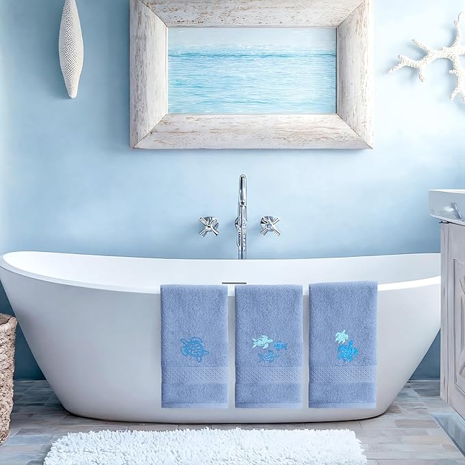 3 Pack Sea Turtle Coastal Hand Towels for Bathroom 100% Cotton Embroidered Beach Bathroom Towels 13.78 x 29.53 Inch Soft Absorbent Ocean Turtle Bath Towel Gift for Holiday Summer, Blue
