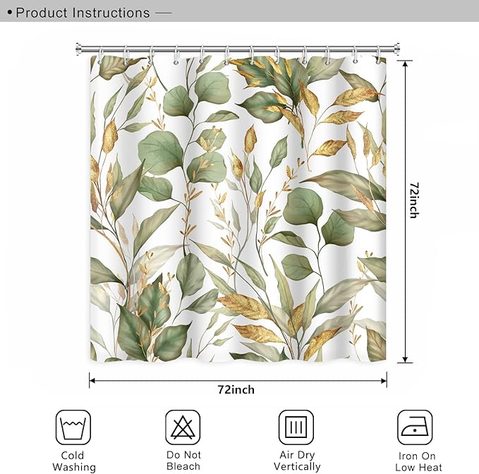 Green Eucalyptus Leaves Bathroom Shower Curtain Tropical Leaf Nature Plant Shower Curtain Polyester Waterproof Fabric Modern Home Decor Bath Shower Curtain with Hooks, 72x72 Inch