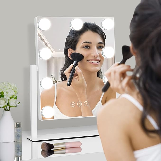 Vanity Mirror with Lights,Lighted Vanity Mirror with 9 Dimmable Bulbs for Dressing Room & Bedroom,3 Color Lighting,Modes Detachable 10x Magnification 360°Ratation(White)