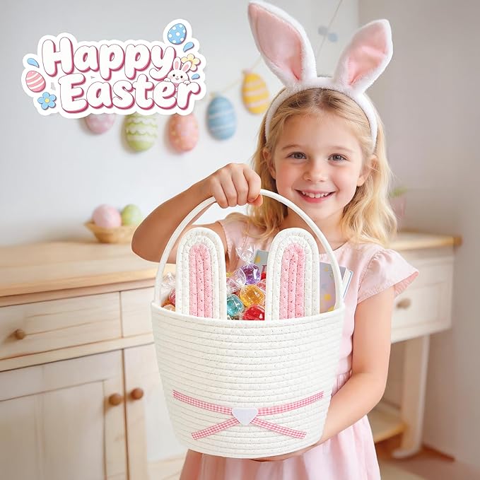 Easter Basket, Easter Bunny Basket with Removable Ears Woven Easter Egg Hunt Basket First Easter Gift Baskets Empty Easter Baskets Essentials Easter Bucket for Girls Boys Teens (Pink White)