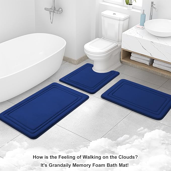 Grandaily Memory Foam Bath Mat Rug 59x34, Ultra Soft, Non-Slip and Absorbent Bathroom Rugs, Machine Wash Dry, Comfortable Bath Carpet for Bathroom Floor, Tub and Shower, Navy Blue