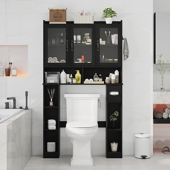 Vabches Over The Toilet Storage Cabinet,Farmhouse Bathroom Organizer with Glass Doors and Adjustable Shelf,Home Space-Saving Toilet Rack,for Restroom,Bathroom, Laundry
