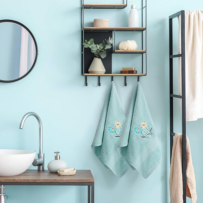 2 Pcs Daisy Hand Towels Teal Flower Bathroom Decor 14x29 Inch Embroidered 100% Cotton Soft Absorbent Spring Summer Decorative Daisy Hand Towels for Bathroom Kitchen