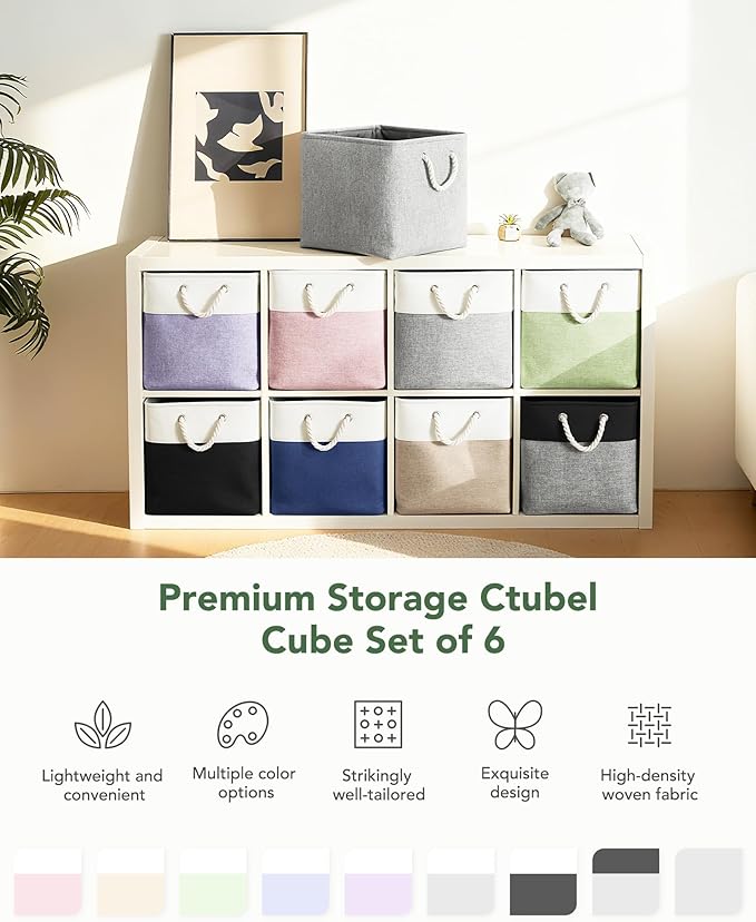 13x15x13 Storage Cube Bins, Heavy Duty Foldable Fabric Storage Bins with Handles and Metal Frame, 6 Pack Large Closet Organizer Bins for Clothes, Socks, Towels, White Green