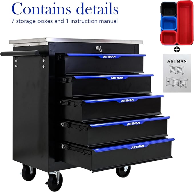 5 Drawers Rolling Tool Chest Cart PLUS ,Tool Storage Cabinet With 4 Wheels.Tool Cabinet Trolley With Locking System and Stainless Steel Countertops.Tool Storage Cart for Garage,Workshop,Warehouse