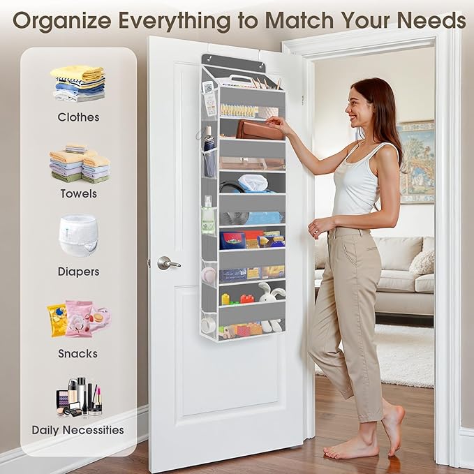 1 Pack Over The Door Organizer, Hanging Storage Organizer with Clear Window, 40lb Ultra Sturdy Large Capacity Room Organizer for Pantry Laundry Bathroom Nursery Closet Baby Essential (Grey)