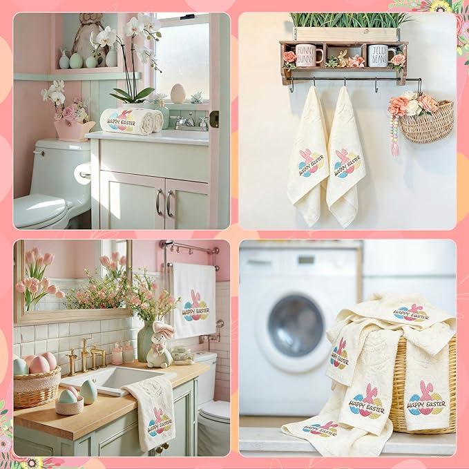 2 Pcs Easter Hand Towels for Bathroom Eggs Easter Bath Towels Beige 100% Cotton Jacquard Embroidered Decorative Gift Set Kitchen Decor Home Accessories