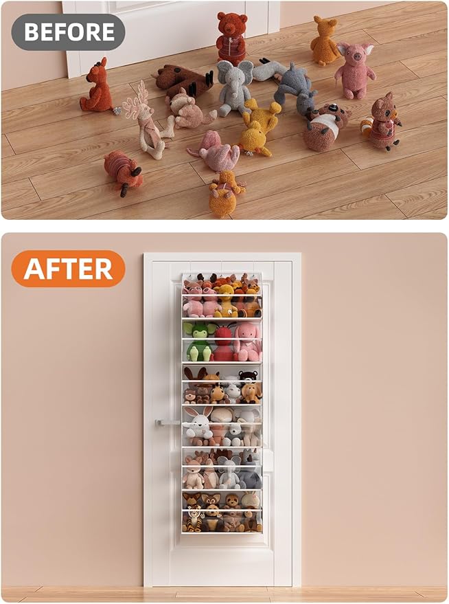 Over the Door Organizes- 6 Tier Stuffed Animal Storage, Bathroom Organizers and Storage, Swing-proof Hanging Organizer for Toys/Nursery Newborn Baby Essential Stuff (Clear)