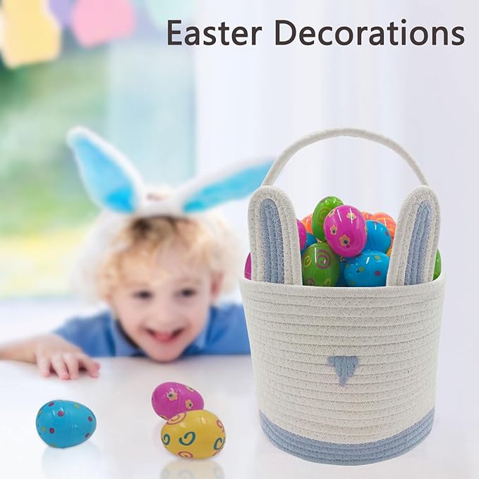 2 Pack Large Woven Easter Baskets for Boys & Kids - Empty Basket with Gift Bags and Ribbons Cute Easter Decorations Bunny Ears Designs Blue