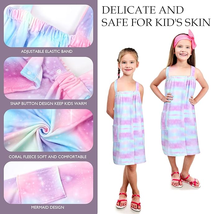 2 Sets Girls Towel Wrap Hair Towel Wrap for Kids with Soft Bath Body Dress Cute Adjustable Bathrobe with Turbans for 3.9-4.9 ft Kids Girls Wet Hair Rapid Drying(Rainbow Style)