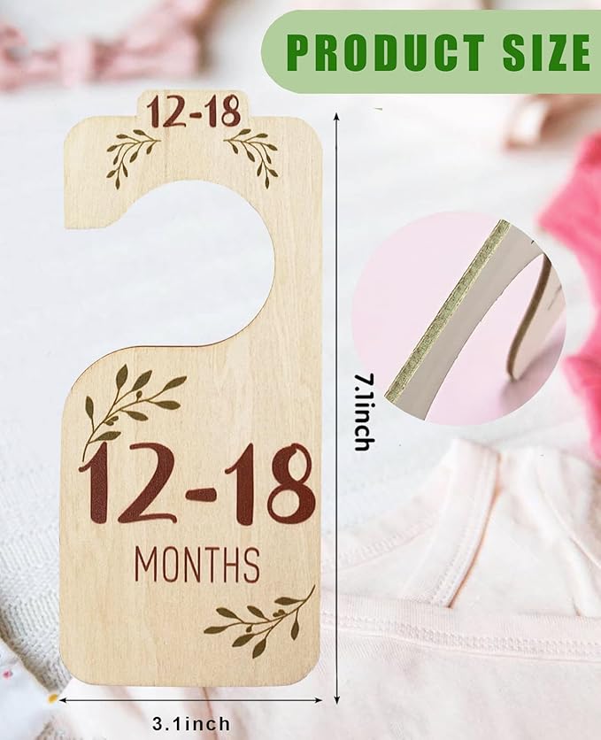 Closet Dividers for Baby Clothes, Wooden Double-Sided Hangers With Size Dividers, Organizer From Newborn to Toddler for Nursery Decor (Leaf)