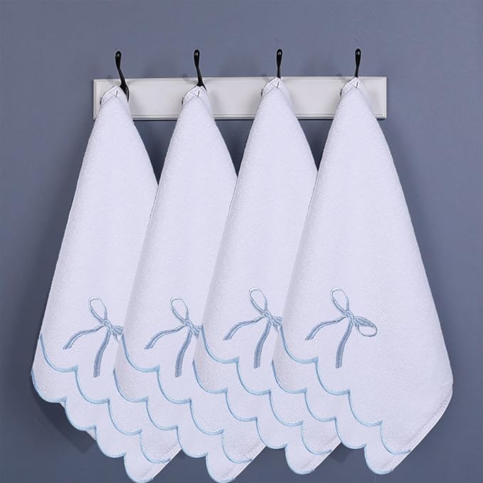 2 Pcs Coquette Bow Hand Towels 15.75 x 27.56 Inch Scalloped Embroidered Dish Towel 100% Cotton Cute Preppy Decorative Bath Hand Towel for Kitchen Bathroom (Blue)