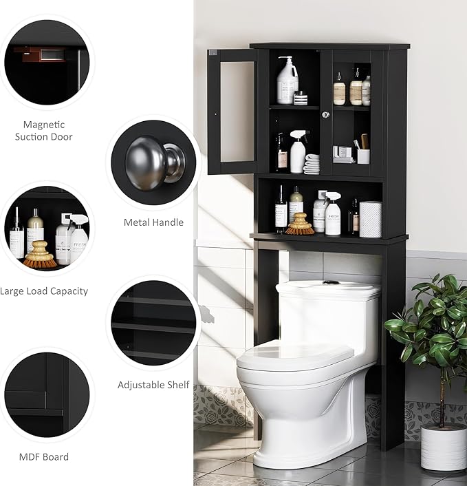 Meilocar Over The Toilet Storage Cabinet, Bathroom Storage Organizer Over Toilet with Glass Doors, Over Toilet Cabinet for Bathroom Freestanding Space Saver, Black