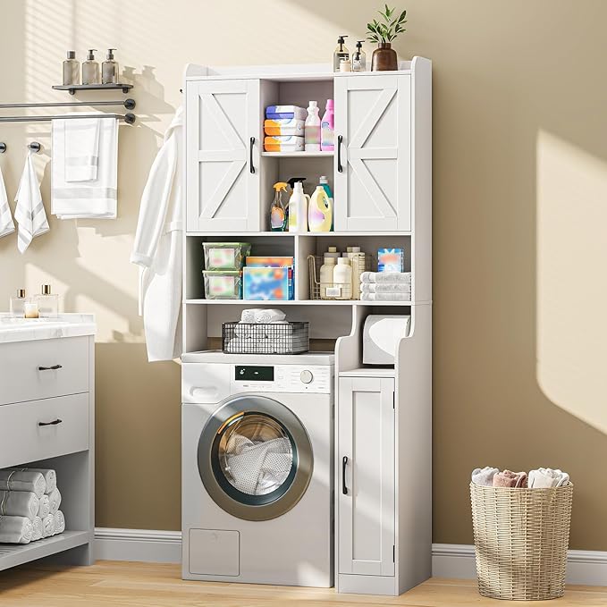 Over The Toilet Storage Cabinet, Bathroom Over Toilet Storage Organizer with Barn Doors & Paper Holder Stand, Farmhouse Space Saving Rack Cabinet with Adjustable Shelves for Bathroom, Laundry (White)