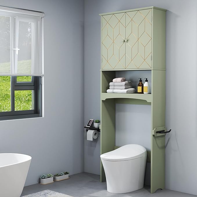 HLR Over The Toilet Storage Cabinet with Gold Trim, Over Toilet Bathroom Organizer with Adjustable Shelves and Toilet Paper Holder, Above Toilet Storage Cabinet Spacesaver for Bathroom (Green)