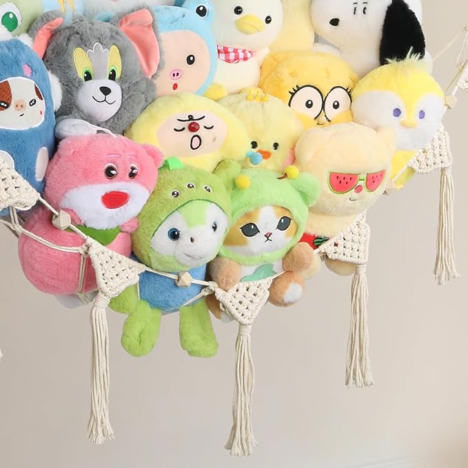 Stuffed Animal Hammock Corner, 57 Inch Large No Drilling Handcrafted Stuffed Animal Net, Natural 100% Cotton Boho Macrame Plushie Net Sturdy Stuffed Animal Storage Holder for Kid Room Nursery(Cream)