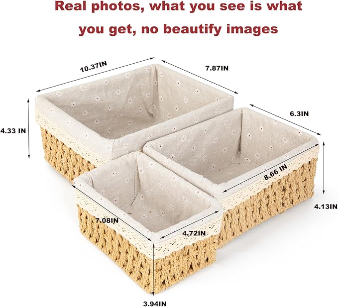 Wicker Baskets with Liner for Counter, Natural Paper Rope Rattan Storage Basket,Hand Woven Pantry Table Organizer Bins for Bedroom Living Room School Shelves Office Desk (3 Pack Beige)