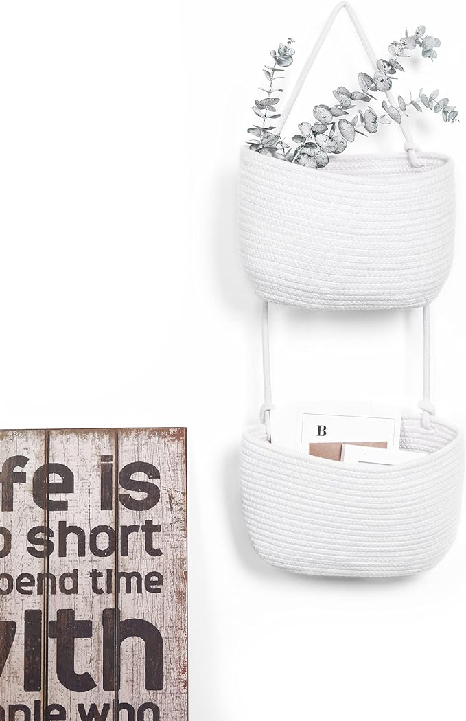 Over The Door Hanging Basket, 2 Tier Cotton Rope Woven Baskets, Magazine Racks, Wall Mount Hanging Storage Baskets,Decorative Door Organizers for Living Room, Bathroom and Bedroom (White)