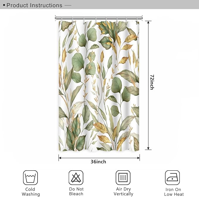 Green Eucalyptus Leaves Bathroom Decor - 36x72 Inch Polyester Waterproof Fabric Modern Tropical Leaf Nature Plant Shower Curtain with Hooks