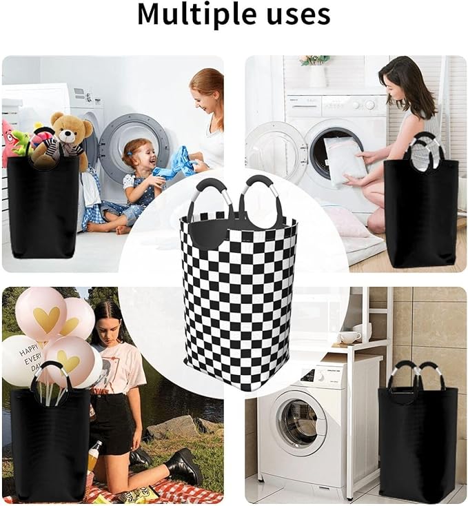 LIBIFALL Black and White Plaid Large Laundry Basket Checkerboard Laundry Hamper Bag Collapsible Laundry Baskets Clothes Hamper with Handles Checkered Storage Baskets For Dorm,Family,50L
