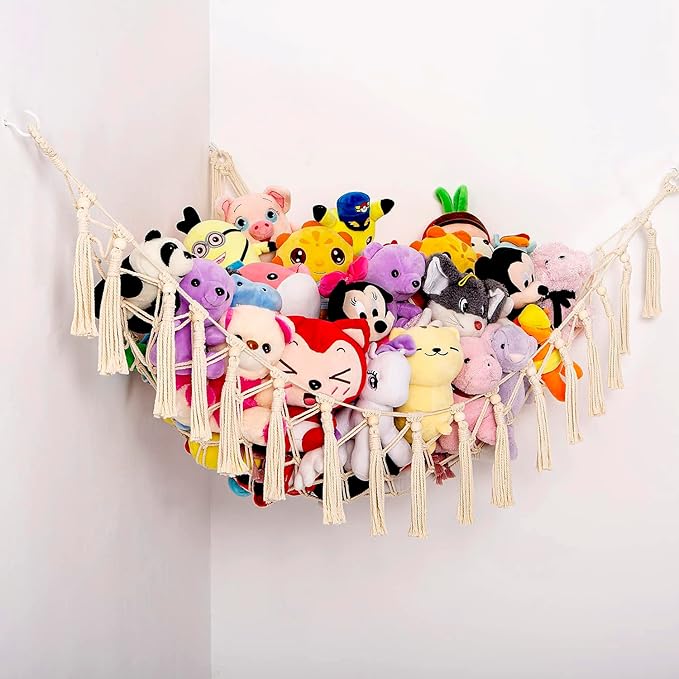 Stuffed Animals Hammock Corner Hanging Net with Wooden Beads Macrame Stuffed Animal Storage Ideas Plush Holder Toy Organizer for Boho Nursery Playroom Bedroom Kids Room Decor (cream, X-Large)