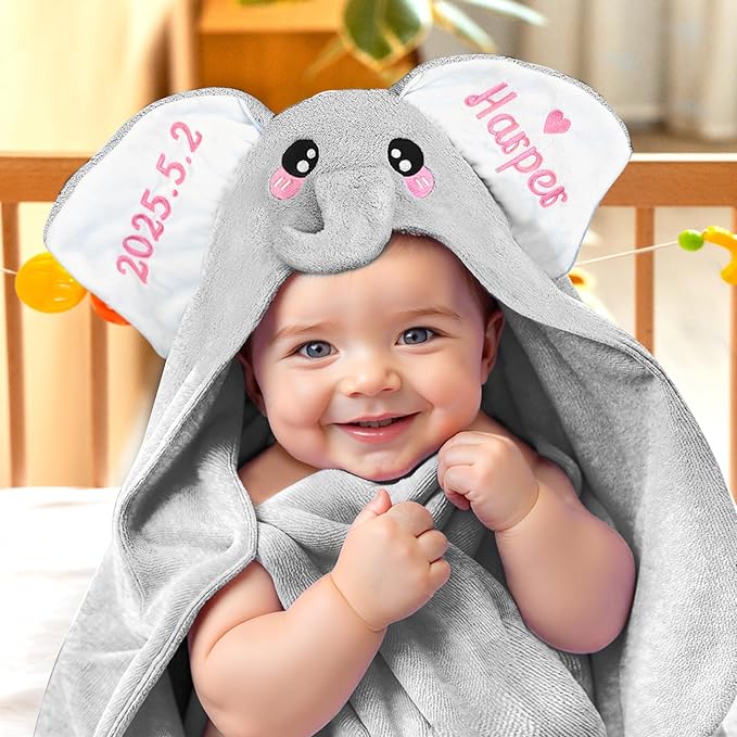 Baosity Custom Hooded Baby Towel with Name, Personalized Soft Absorbent Elephant Bath Towel, Shower Towels for Girls Boys, Easter Brithday for Kids Baby, Toddler, Newborn Essential