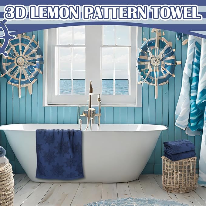 2 Pcs Nautical Hand Towels for Bathroom 100% Cotton Jacquard Weave Bath Towel Set Soft Absorbent Dish Washcloth for Bathroom Kitchen Coastal Theme Gifts 13.8 x 29.5 Inch (Navy Blue)