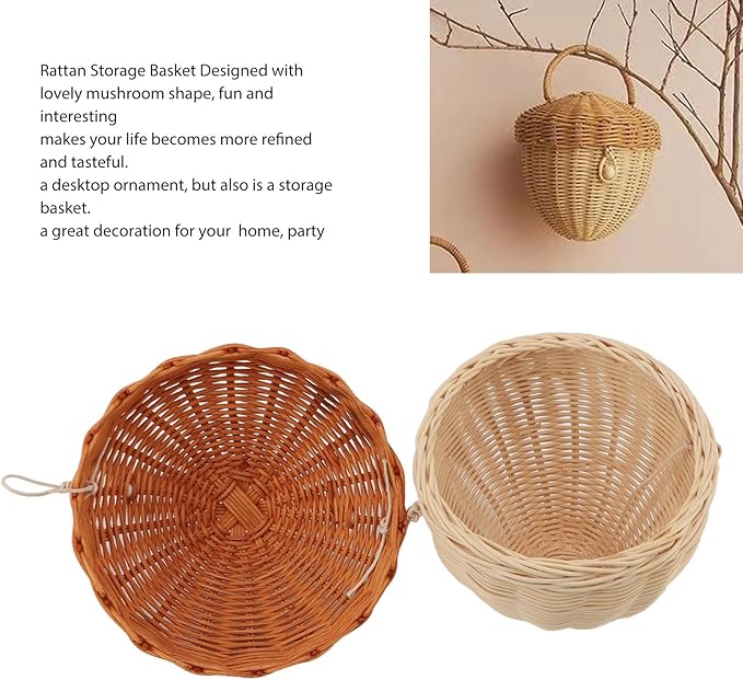 Rattan Storage Basket Mushroom Shape Hand Woven Natural Decorative Woven Fruit Basket Wall Hanging Storage Basket with Lid Perfect for Kids Room Decor Photo Prop